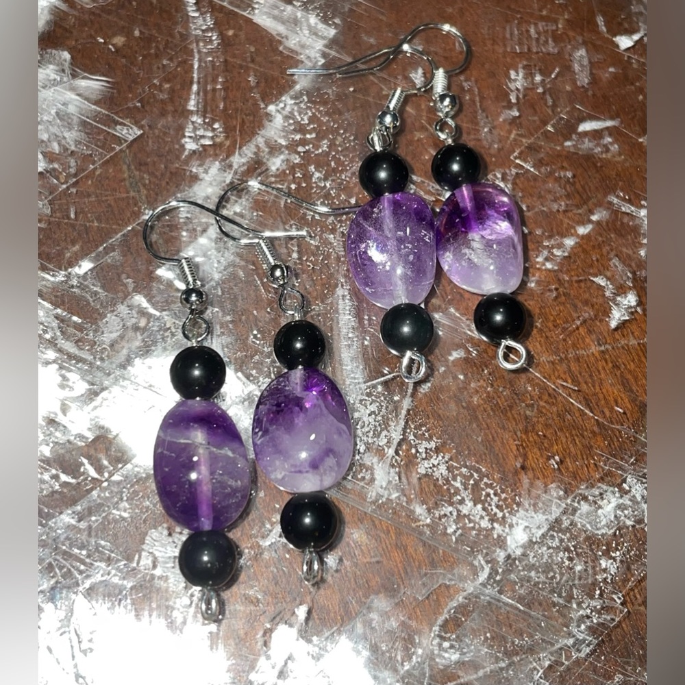 Gemmy Amethyst + Obsidian Beaded Earrings | Hand Crafted Dangles | Crystal - Picture 3 of 6